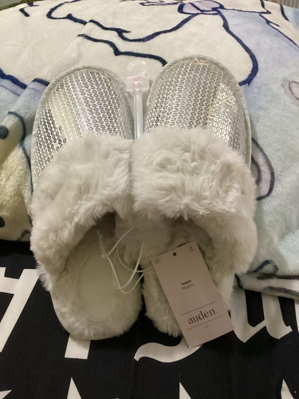 Auden Silver Sequin Faux-Fur Slip-On Women's Slippers
